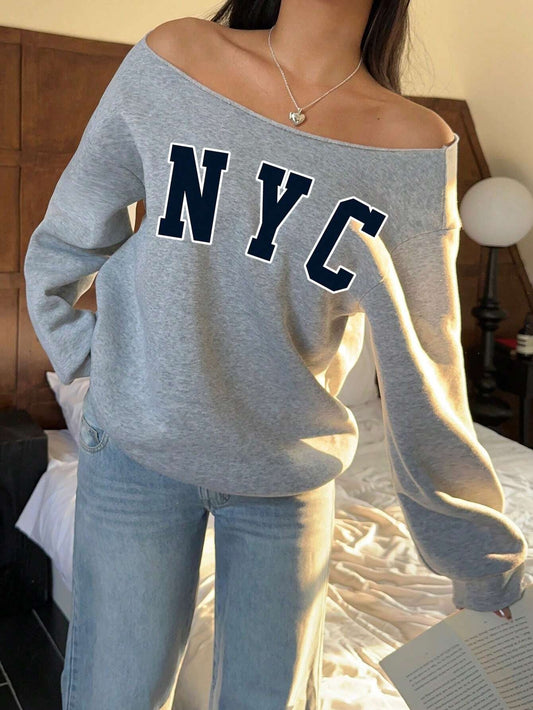 SXV Casual NYC Print Loose Off-Shoulder Sweatshirt, Thickened Grey