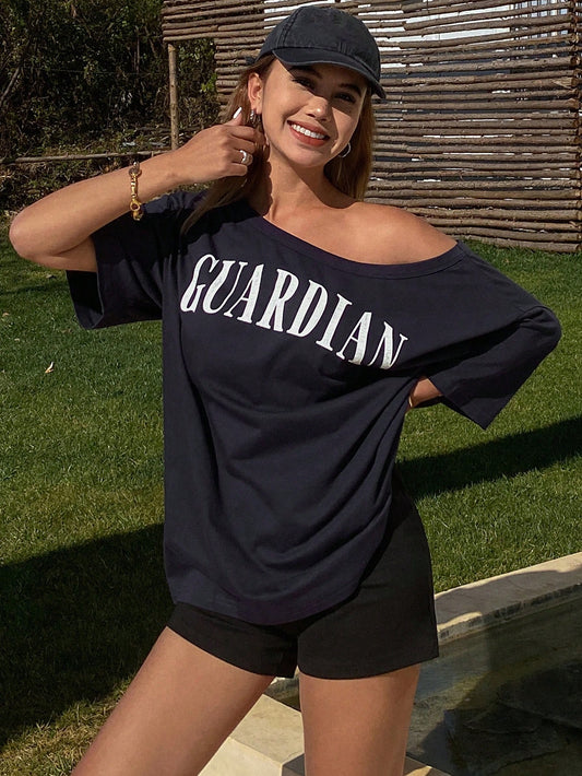 SXV Women Oblique Shoulder Letter Guardian Print Loose Short Sleeve T-Shirt