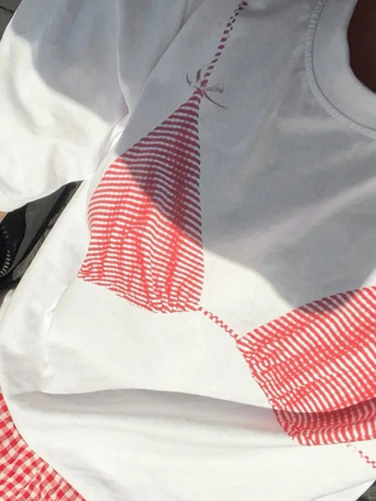 SXV Women Casual Round Neck Short Sleeve White T-Shirt With Bikini Print