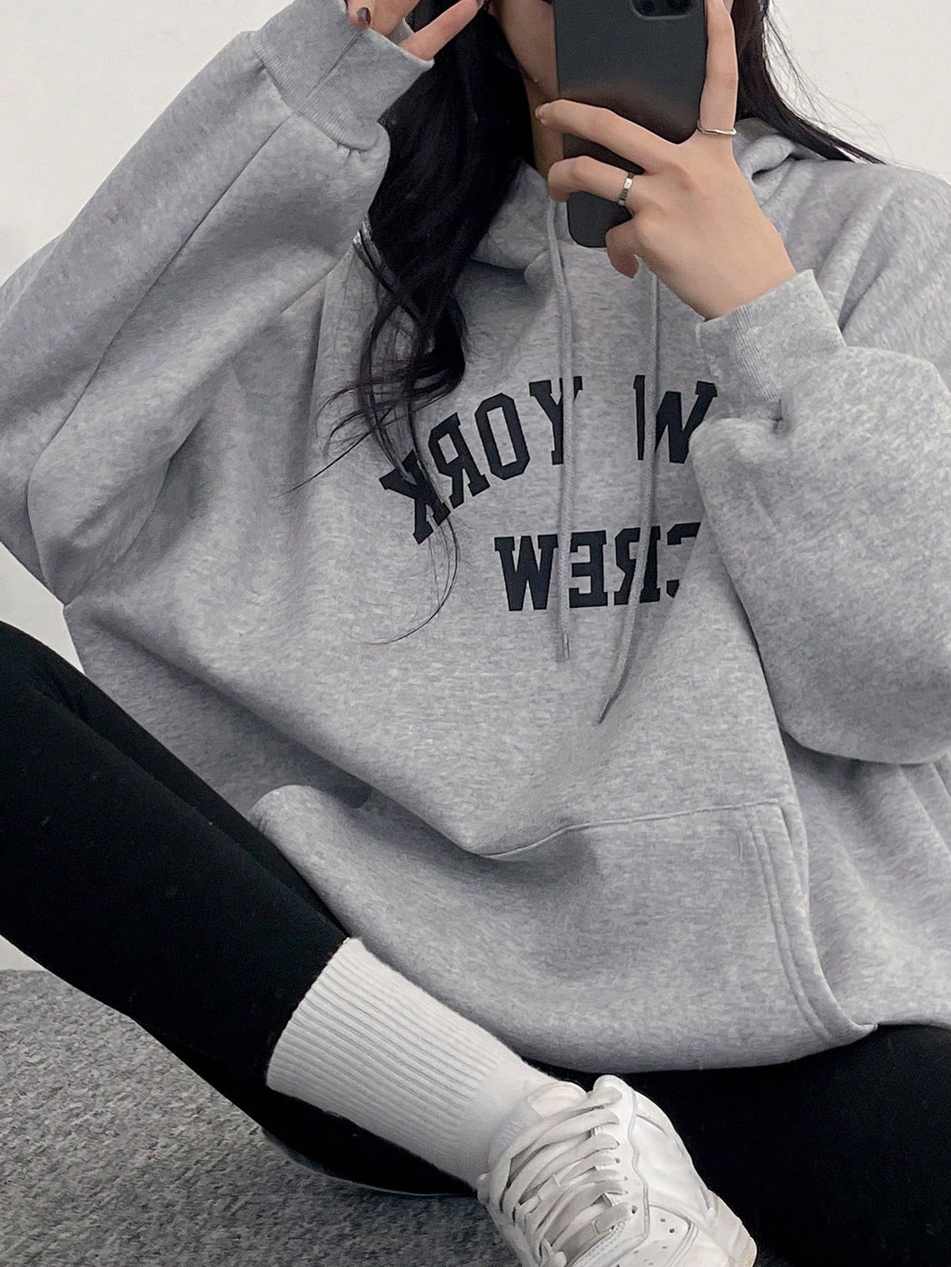 SXV Newyork crew Letter Graphic Drop Shoulder Drawstring Hoodie,Long Sleeve Tops Sweatshirt