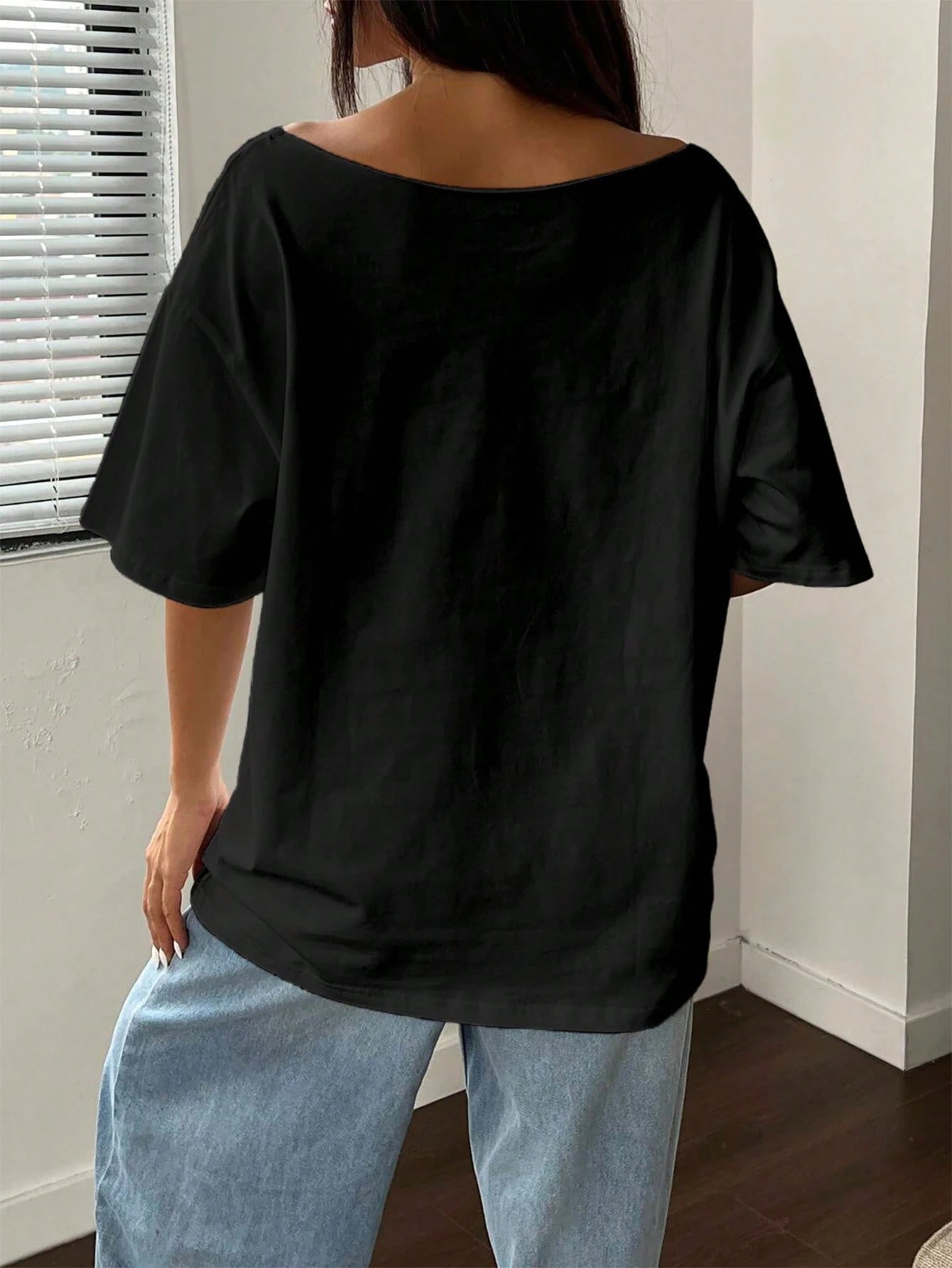 SXV Women's Loose Bowknot Asymmetrical Neck T-Shirt, Oversized Cherry Pink & White Y2K Style