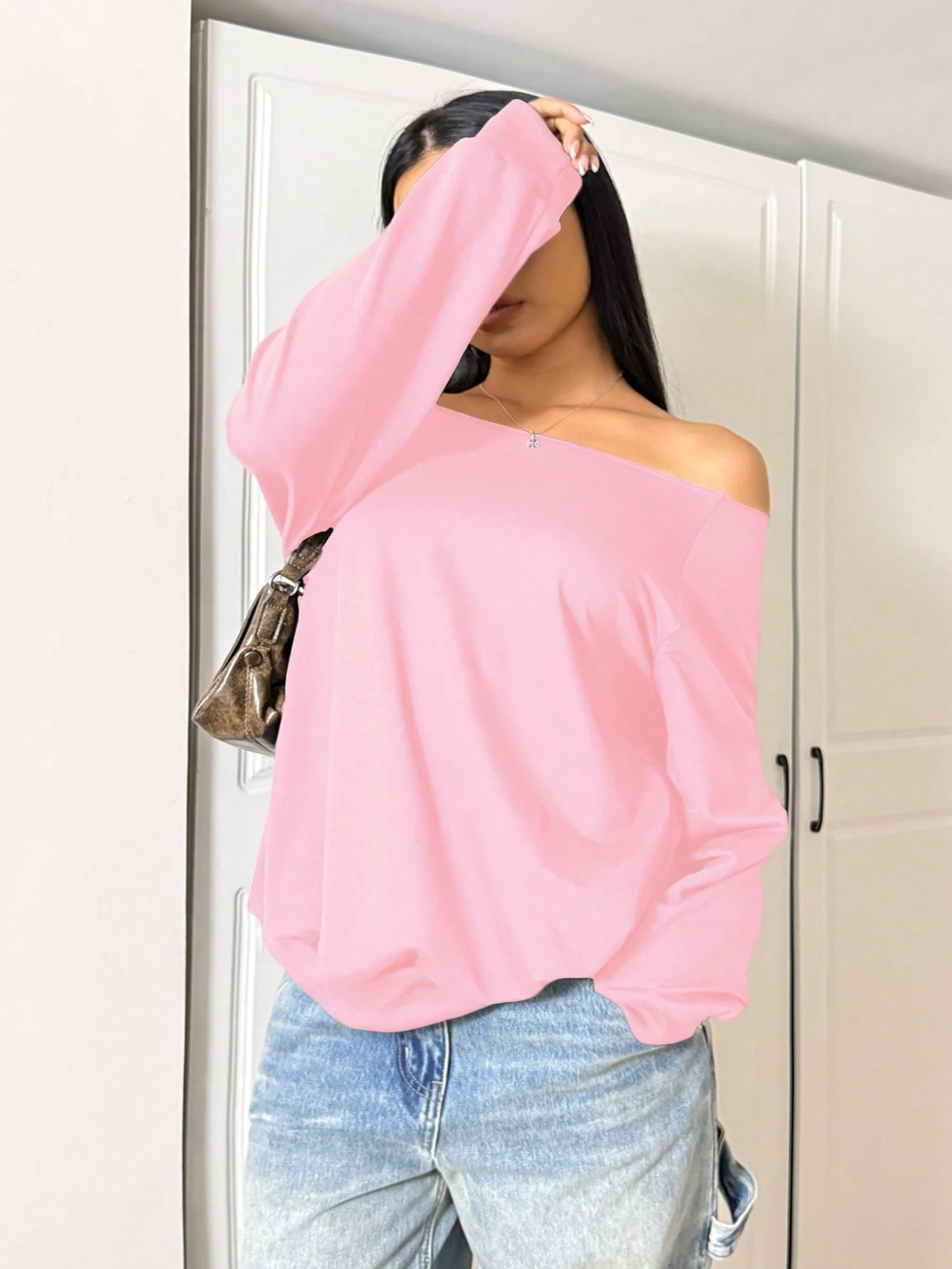 SXV Women's Autumn Open Shoulder Red Oversized Sweatshirt