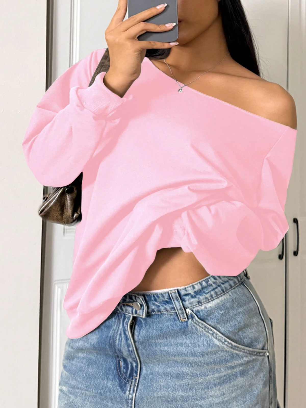 SXV Women's Autumn Open Shoulder Red Oversized Sweatshirt
