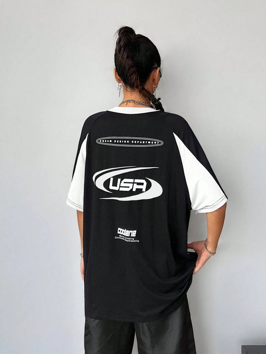 SXV free spirit half sleeves black and white racing colorblocked Y2K t-shirt