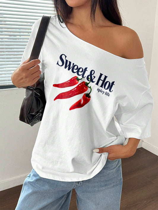 SXV Women Plus Size Loose Spicy Life Graphic Asymmetrical Neck Short Sleeve T-Shirt,Oversized