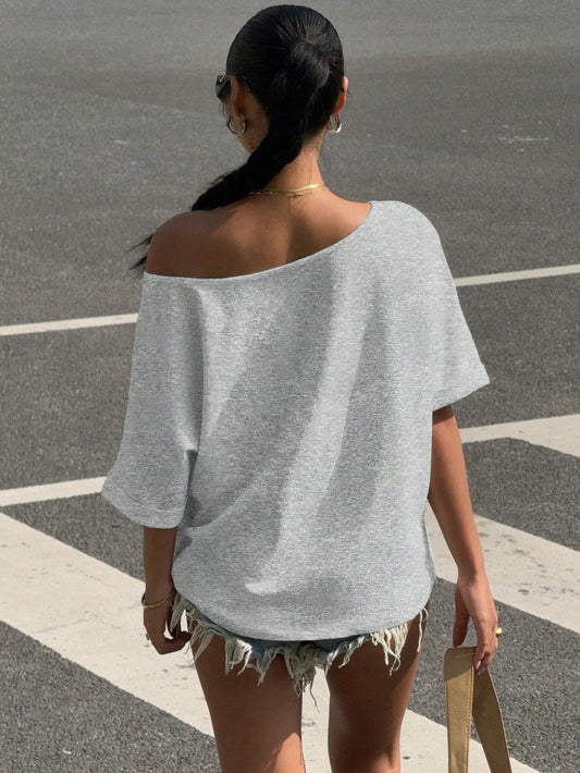 SXV Grey Knit Loose Fit One-Shoulder Short Sleeve T-Shirt For Women Off The Shoulder Top