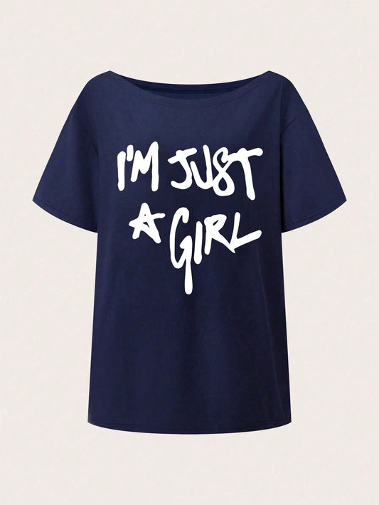 SXV Girly Off-Shoulder T-Shirt, Slogan Print Top, For Summer