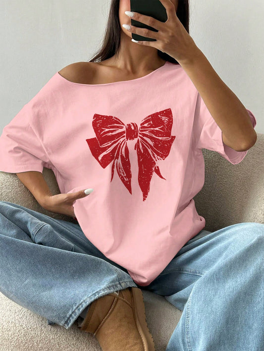 SXV Asymmetrical Neck Bowknot Asymmetrical Loose T-Shirt, Fashionable For Summer