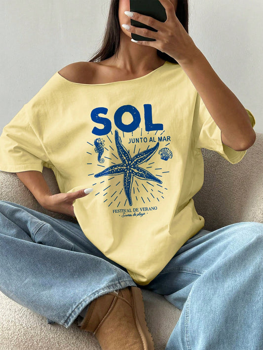 SXV SOL Women Summer Loose Asymmetrical Neck Cocktail Fruit Orange Y2K Graphic Oversized T-Shirt