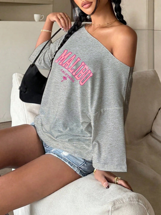 SXV Women's Letter Printed Off Shoulder Casual Versatile T-Shirt, Summer