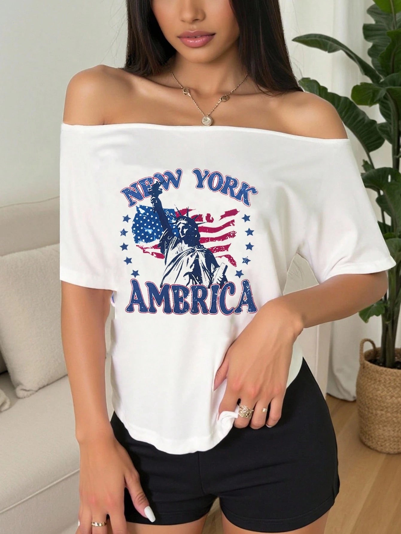 SXV Women's American Independence Day USA Flag & English Print Off-Shoulder T-Shirt