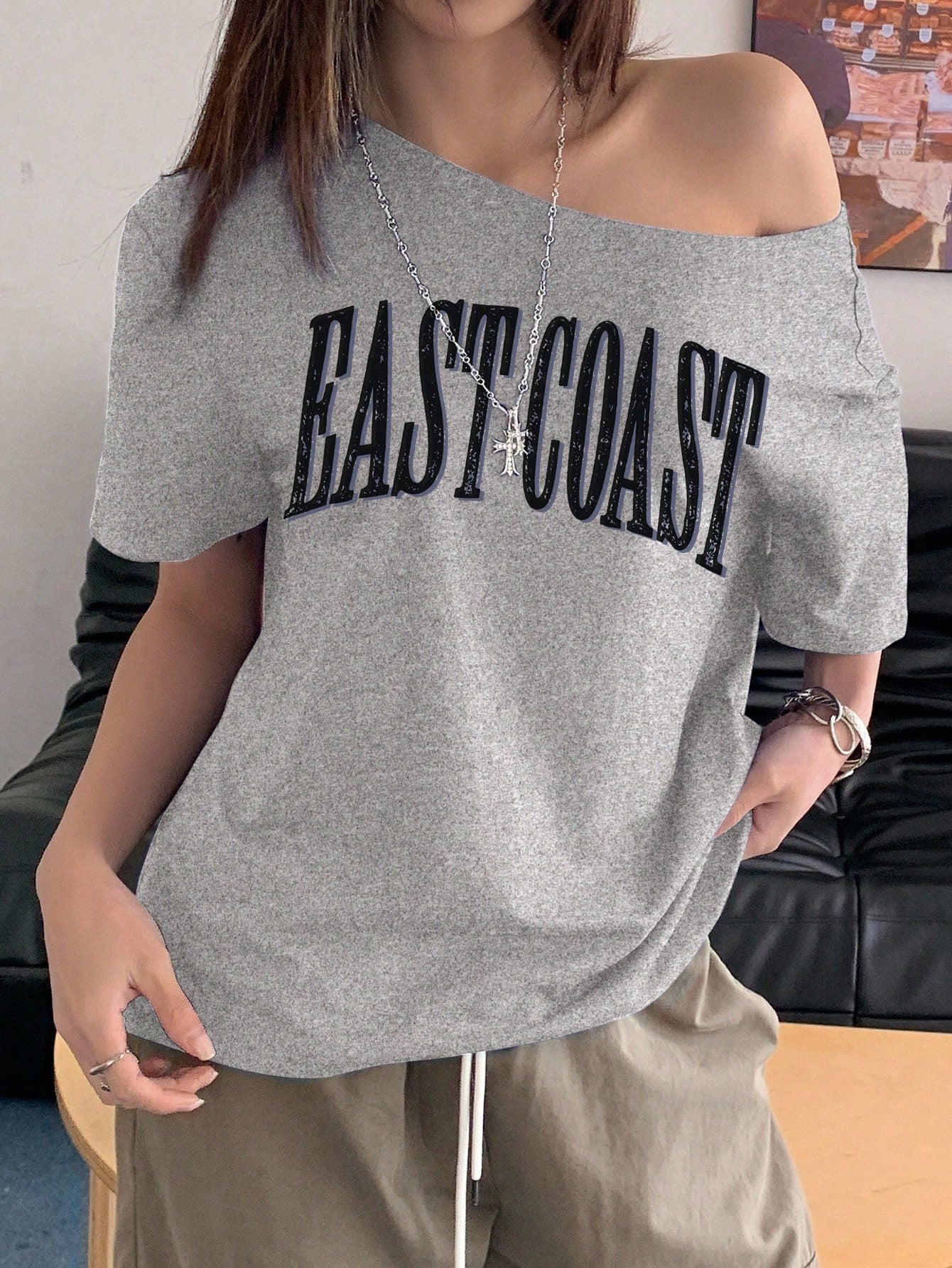 SXV Women's Off-Shoulder Short Sleeve Letter Printed Casual T-Shirt Graphic Tees Women Tops