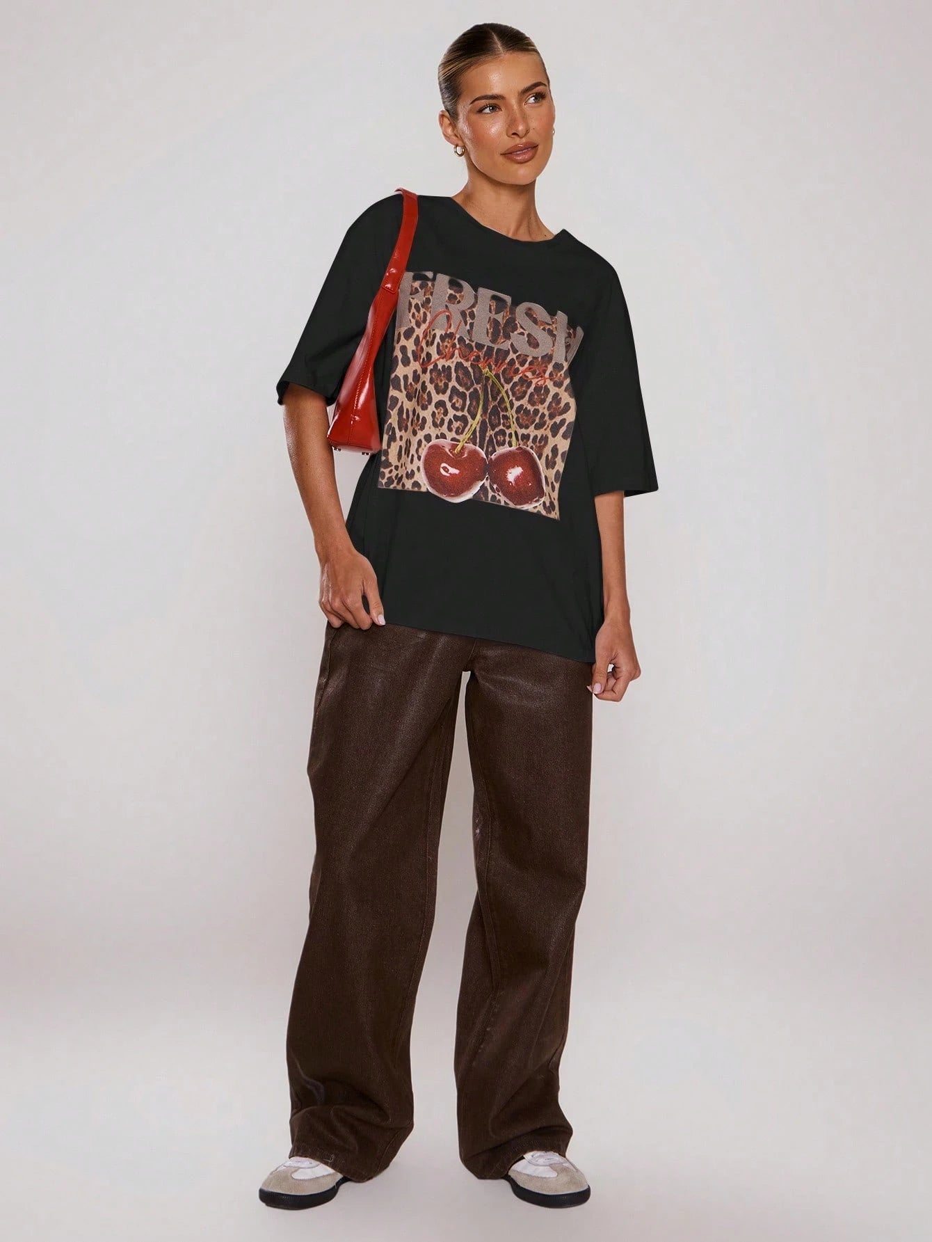 SXV Leopard Print Cherry Graphic Tee Oversized Top Cool Everyday