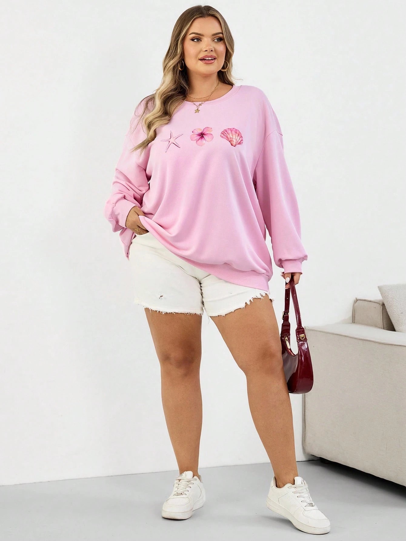 SXV Casual Floral & Seashell Print Loose Fit Crew Neck Long Sleeve Sweatshirt