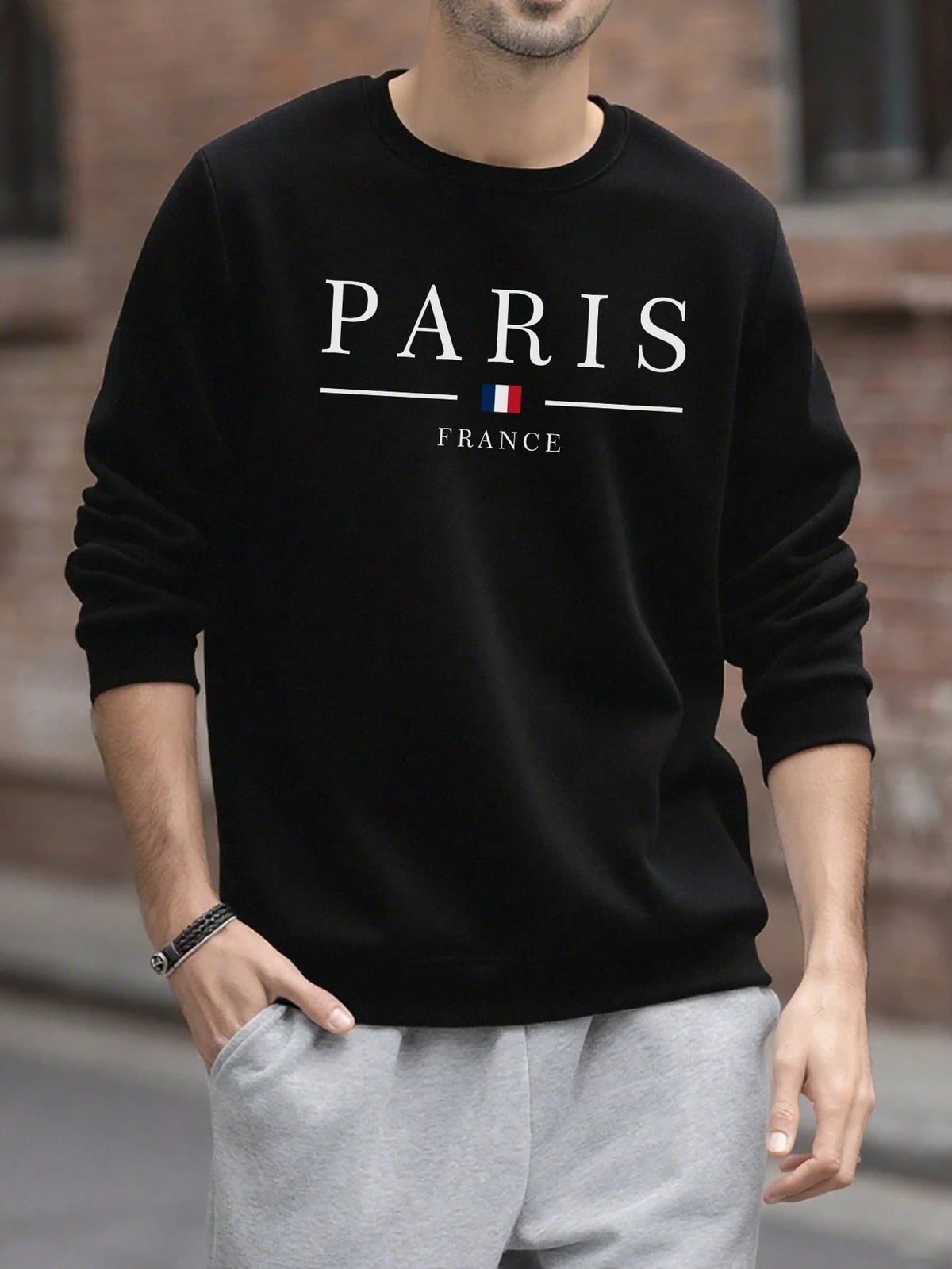 SXV Men's Casual Versatile Printed Crew Neck Sweatshirt Paris Vibe