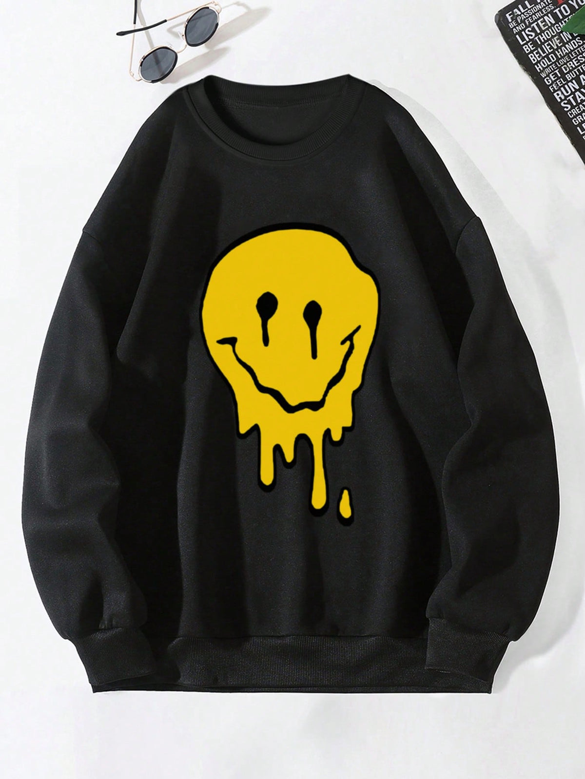 SXV Men's Funny Smiling Face Print Crew Neck Sweatshirt, Street Fashion, Autumn