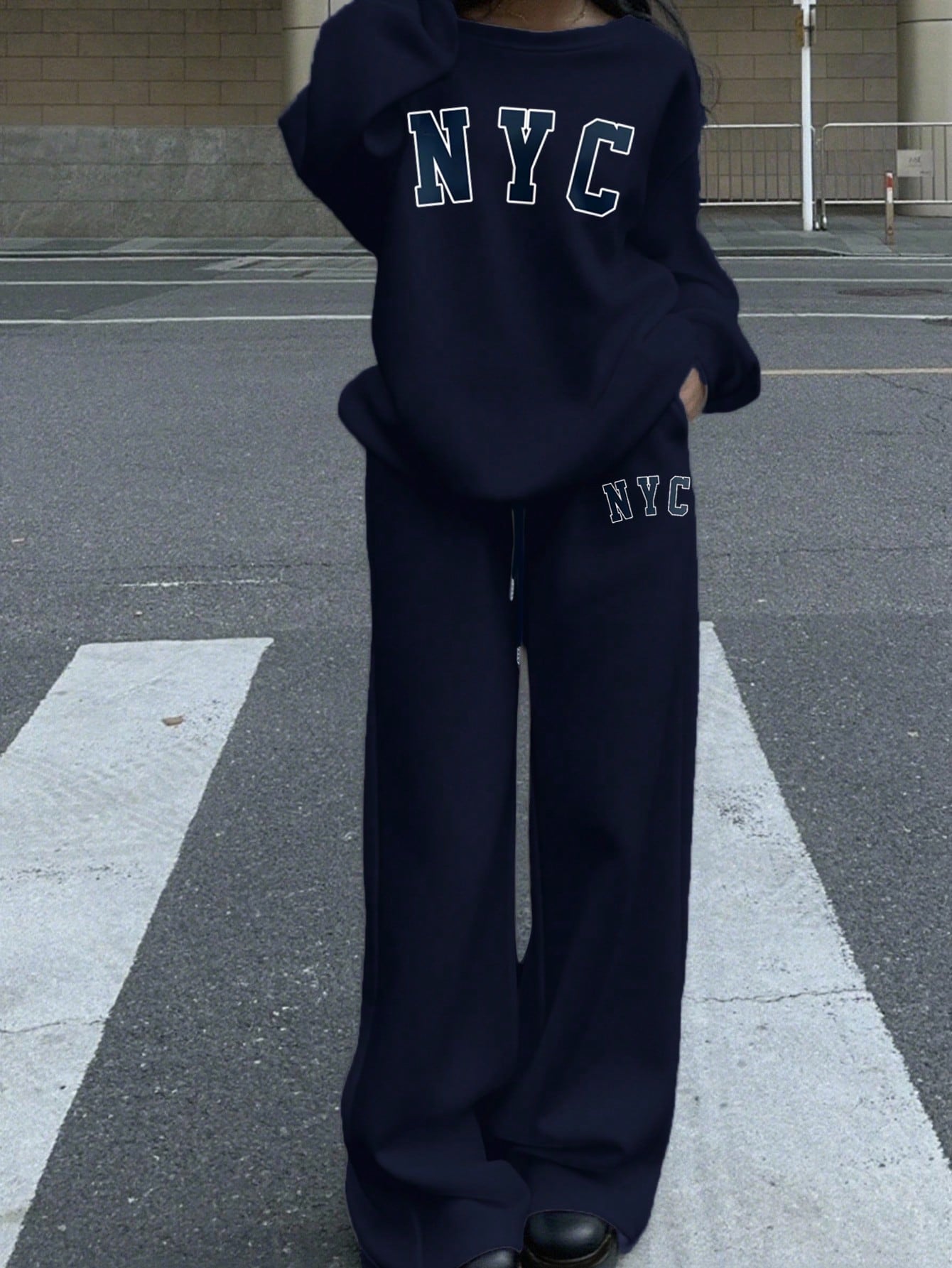 SXV 2pcs Plus Size Women NYC Loose Fit Wide Neck Off Shoulder Sweatshirt And Wide Leg Thermal Lined Sweatpants Set