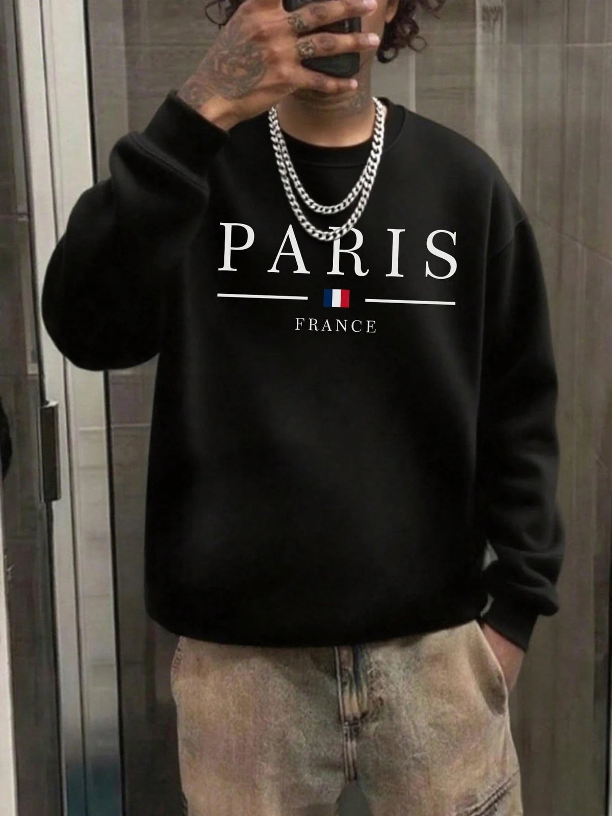 SXV Men's Casual Versatile Printed Crew Neck Sweatshirt Paris Vibe