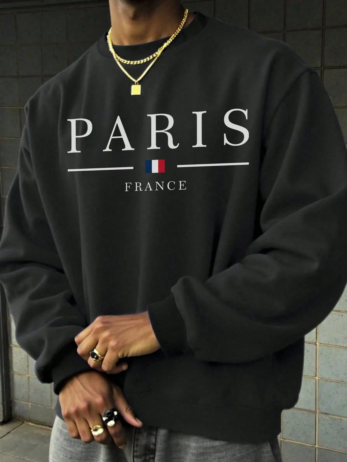 SXV Men's Casual Versatile Printed Crew Neck Sweatshirt Paris Vibe