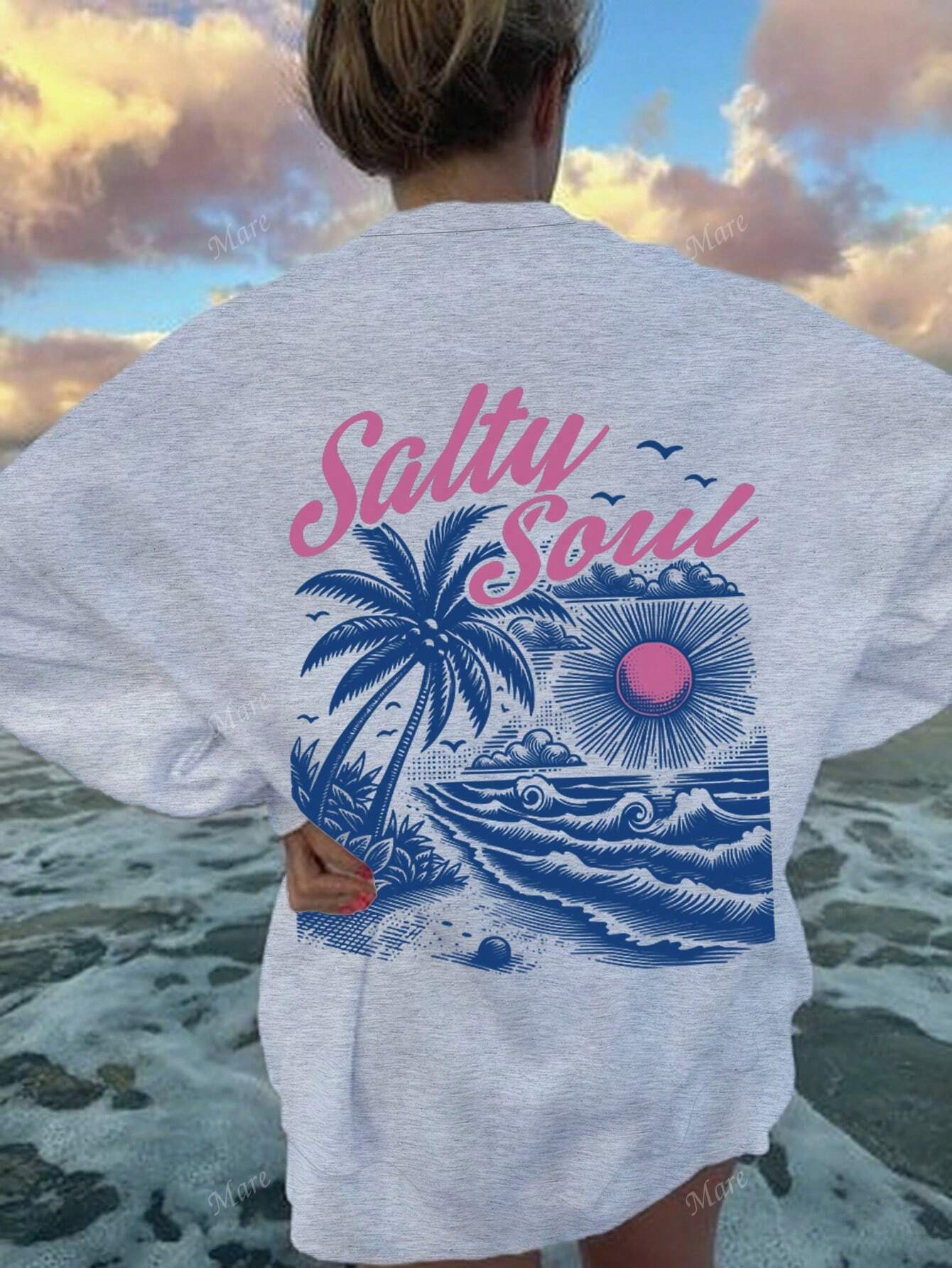SXV Salty soul Sunset Palm Tree Graphic Oversized Crew Neck Long Sleeve Casual Hoodie For Women, Back To School
