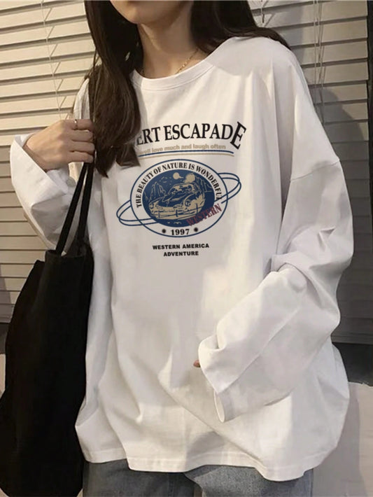 SXV 2025 Autumn New Fashion Casual Loose Long T-Shirt For Women, Letter Print Streetwear Korean Style Top
