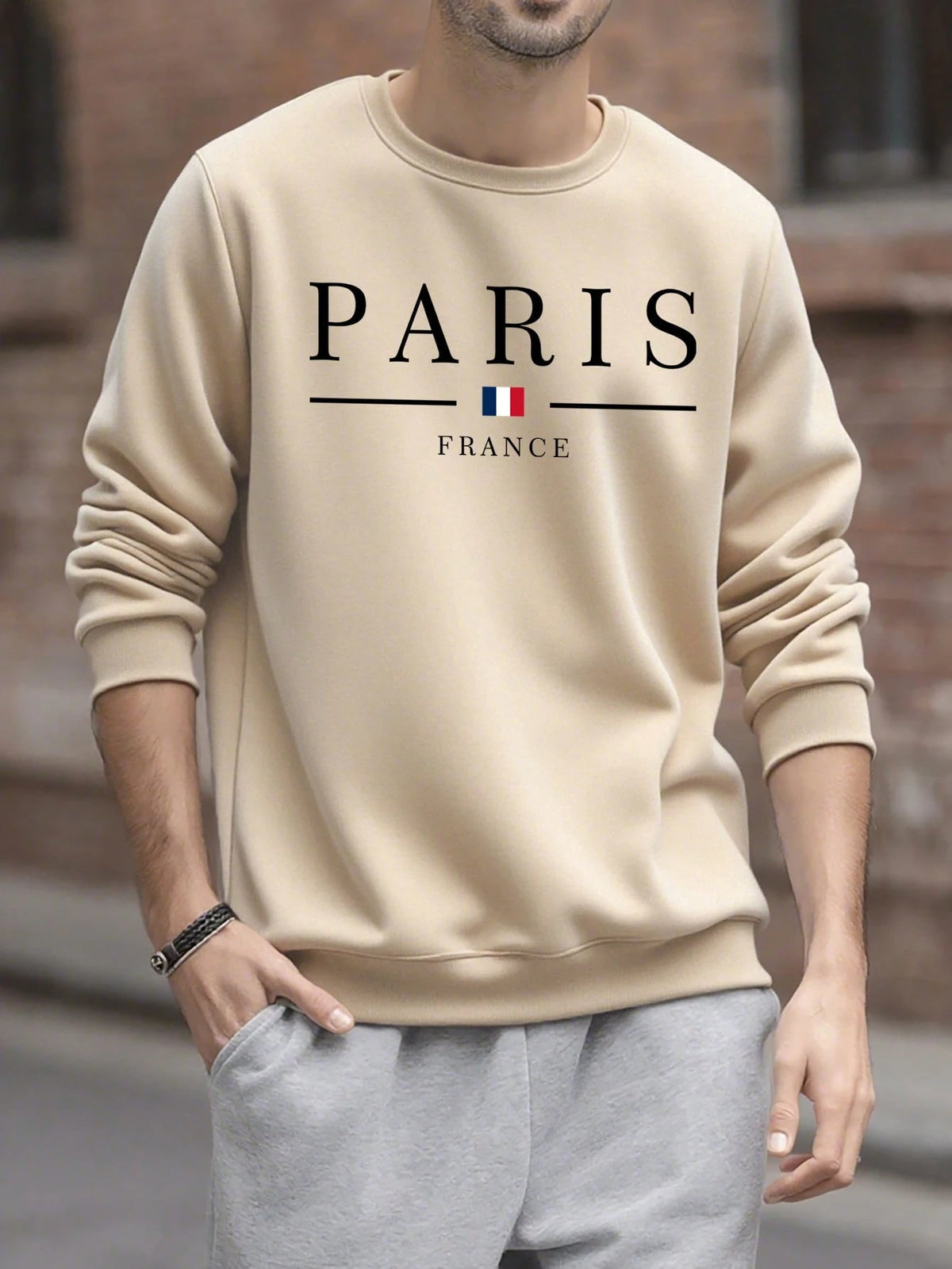 SXV Men's Casual Versatile Printed Crew Neck Sweatshirt Paris Vibe