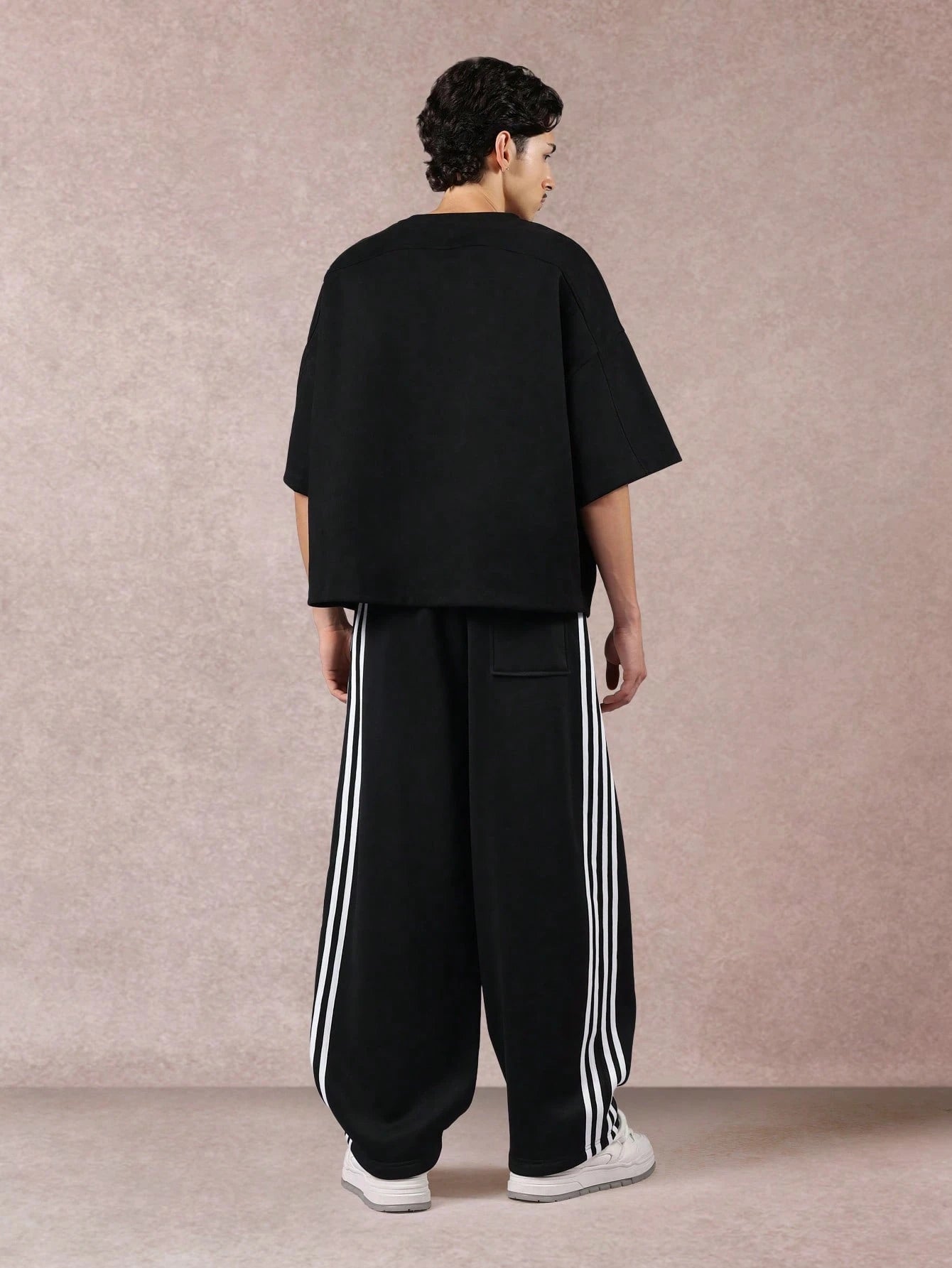 SXV Men's Black Track Pants with White Side Stripes, Wide Leg, Drawstring Waist