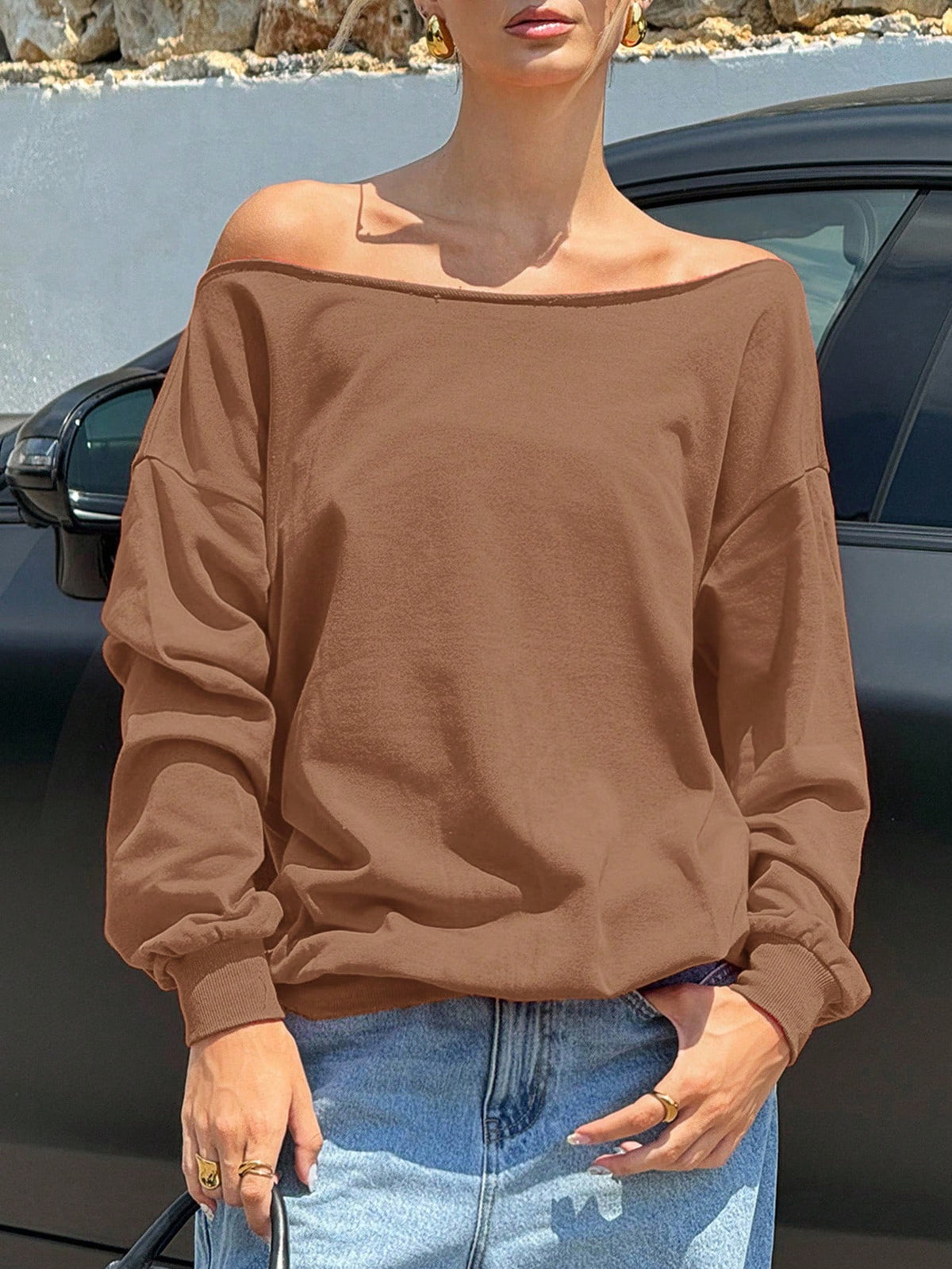 SXV Women's Autumn Open Shoulder Red Oversized Sweatshirt