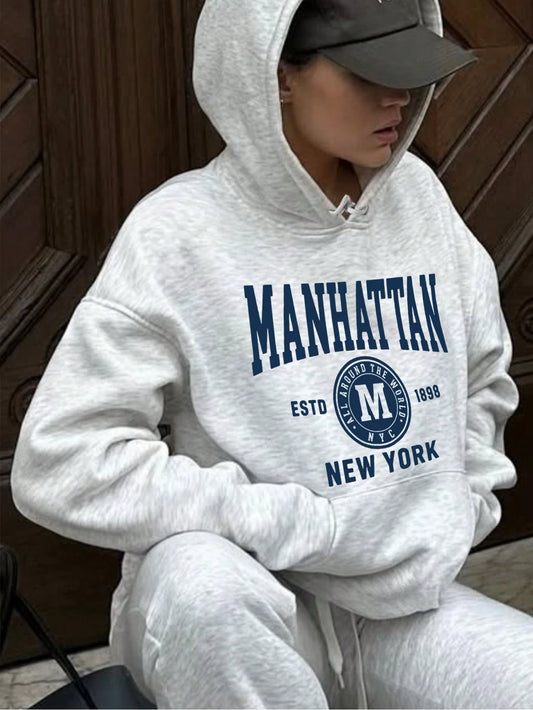 SXV Women's Casual Ins-Style Blue Letter Print Hoodie Sweatshirt