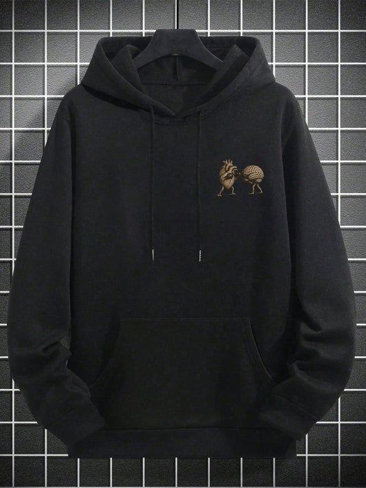 SXV BATTLE Men's Slogan Heart Print Long Sleeve Drawstring Casual Hoodie With Pocket