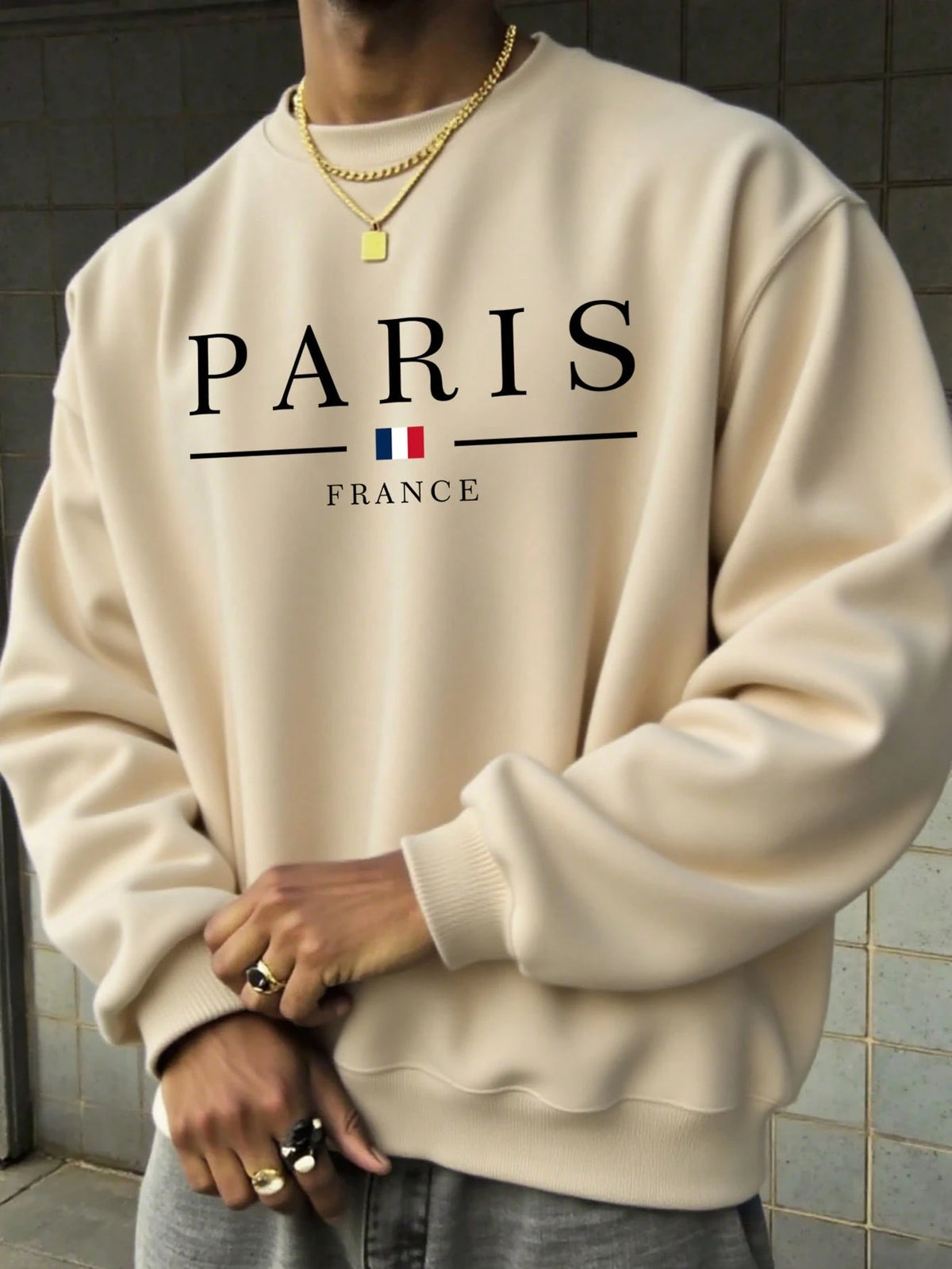 SXV Men's Casual Versatile Printed Crew Neck Sweatshirt Paris Vibe