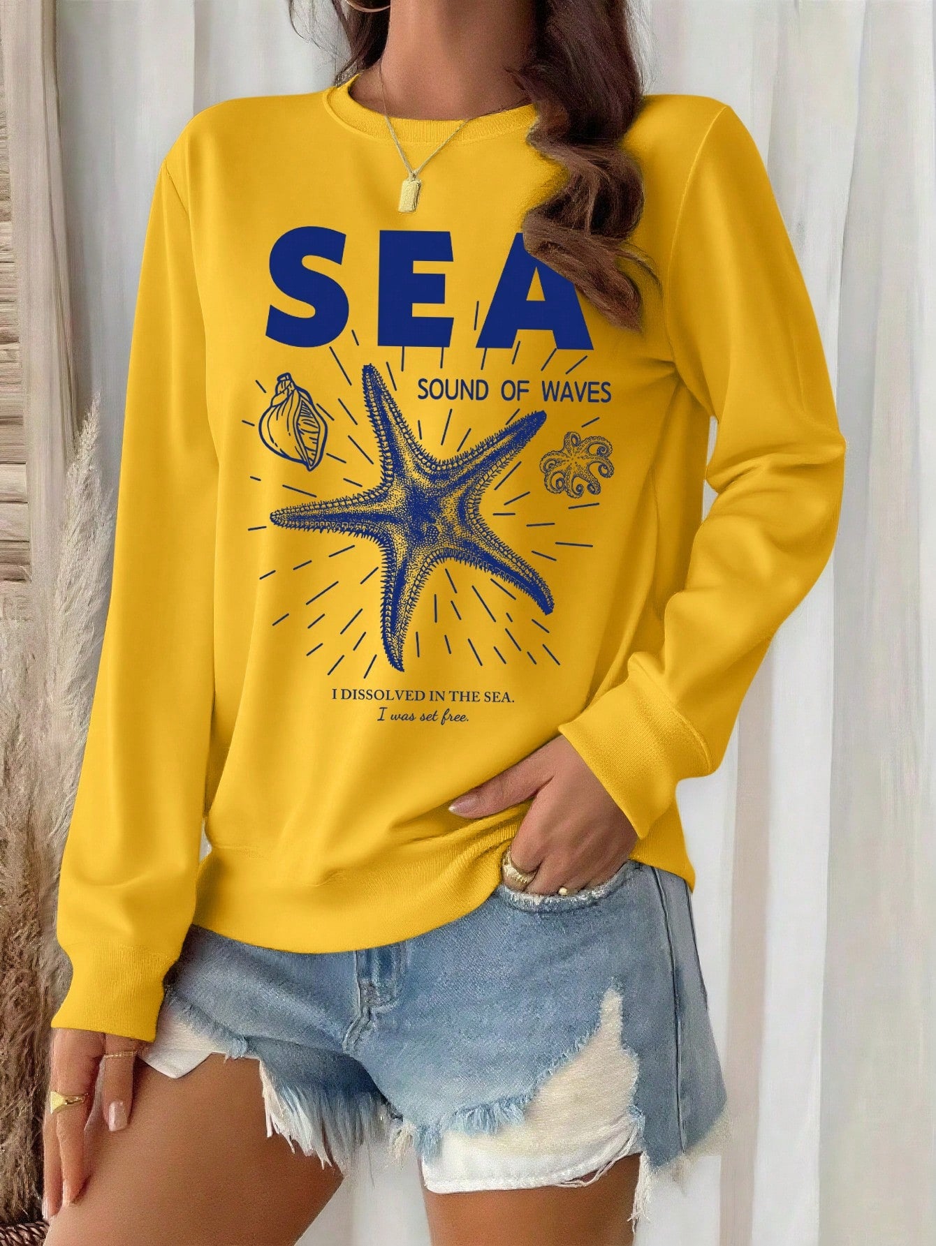 SXV Starfish Letter Print Crew Neck Sweatshirt For Women