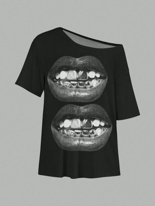 SXV Casual Minimalist Lip Print Off Shoulder Loose Short Sleeve T-Shirt For Women