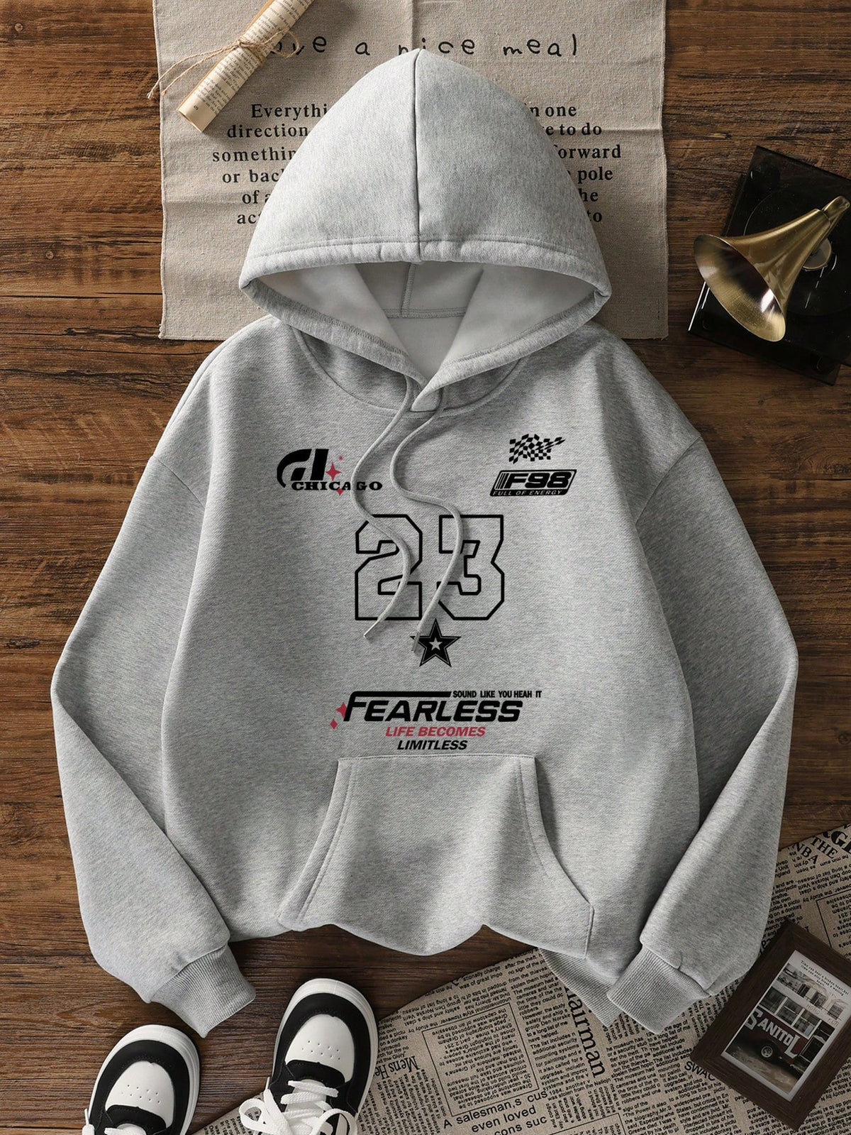 SXV Winter New Simple Ins 23 Graphic Print Casual Crew Neck Dark Grey Fashionable Versatile Pullover Hoodie