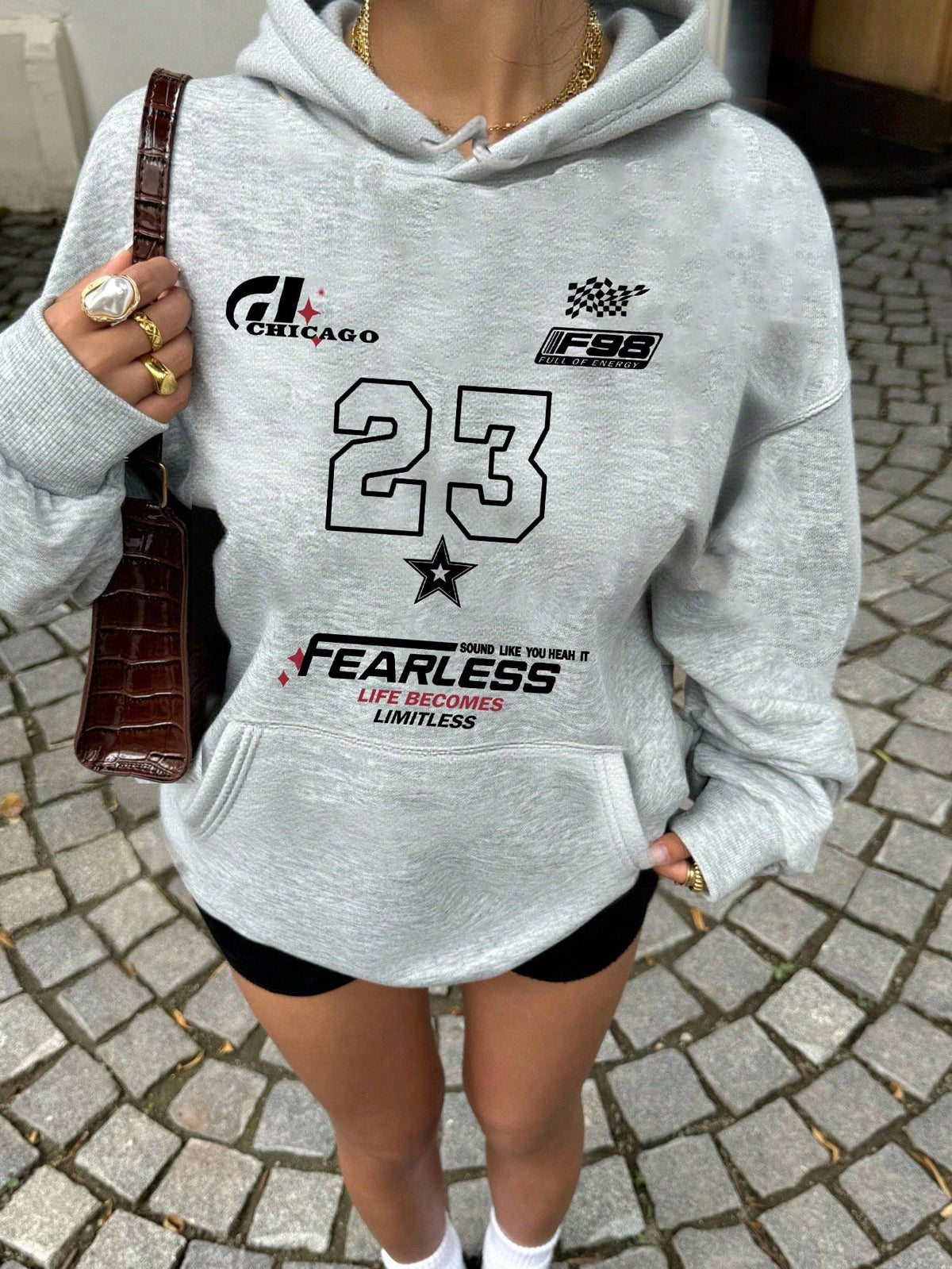 SXV Winter New Simple Ins 23 Graphic Print Casual Crew Neck Dark Grey Fashionable Versatile Pullover Hoodie