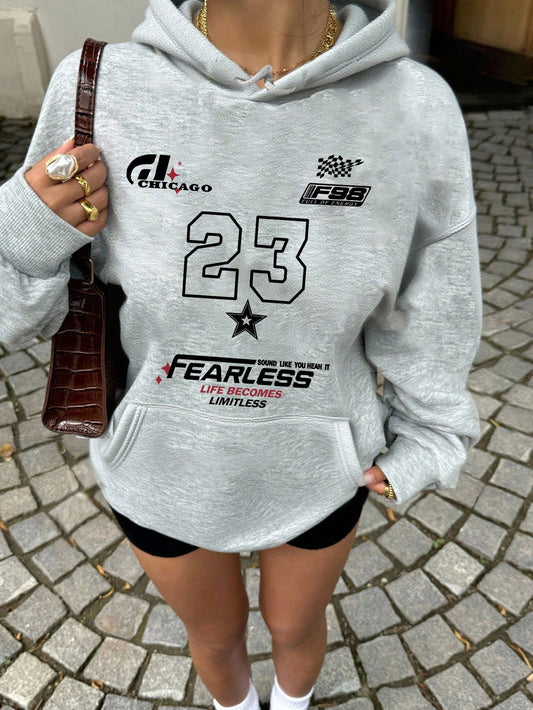 SXV Winter New Simple Ins 23 Graphic Print Casual Crew Neck Dark Grey Fashionable Versatile Pullover Hoodie