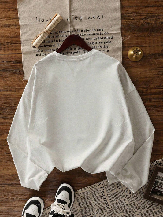 SXV Grey Hamburger Print Long Sleeve Round Neck T-Shirt For Women, Unique & Stylish Design, New Arrival For Early Autumn