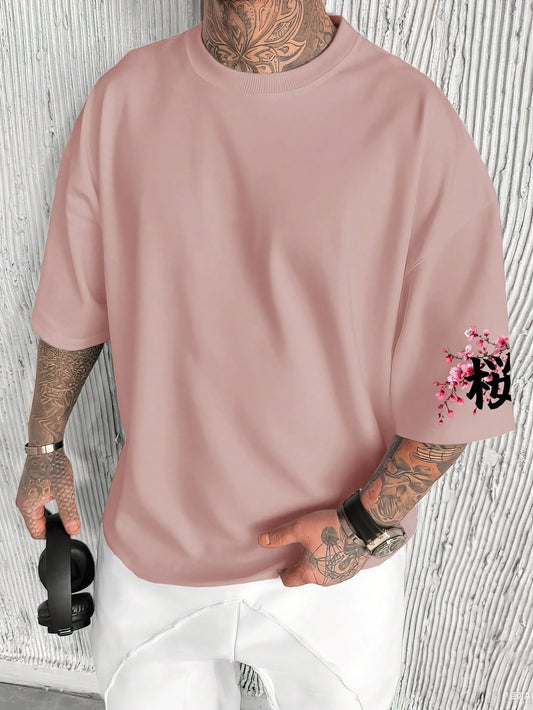 SXV Japanese Sakura Samurai Design Graphic Print Short Sleeve Crew Neck T-Shirt