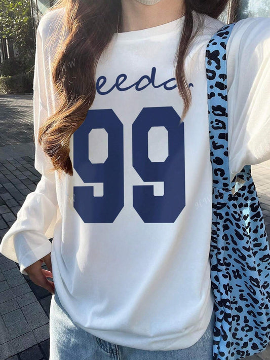 SXV 1pc Women's Casual Round Neck Numeric Print Sporty Pattern Cotton Loose Fit Long Sleeve T-Shirt, Versatile For Autumn