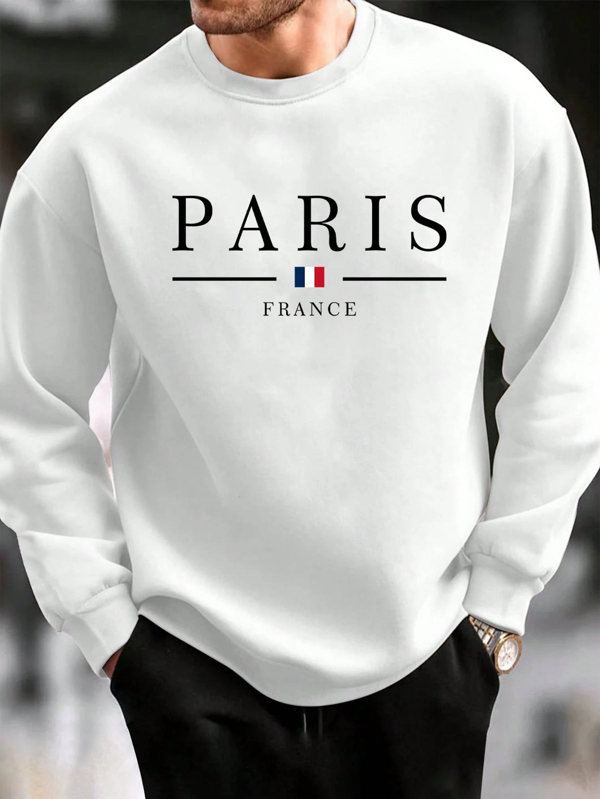 SXV Men's Casual Versatile Printed Crew Neck Sweatshirt Paris Vibe