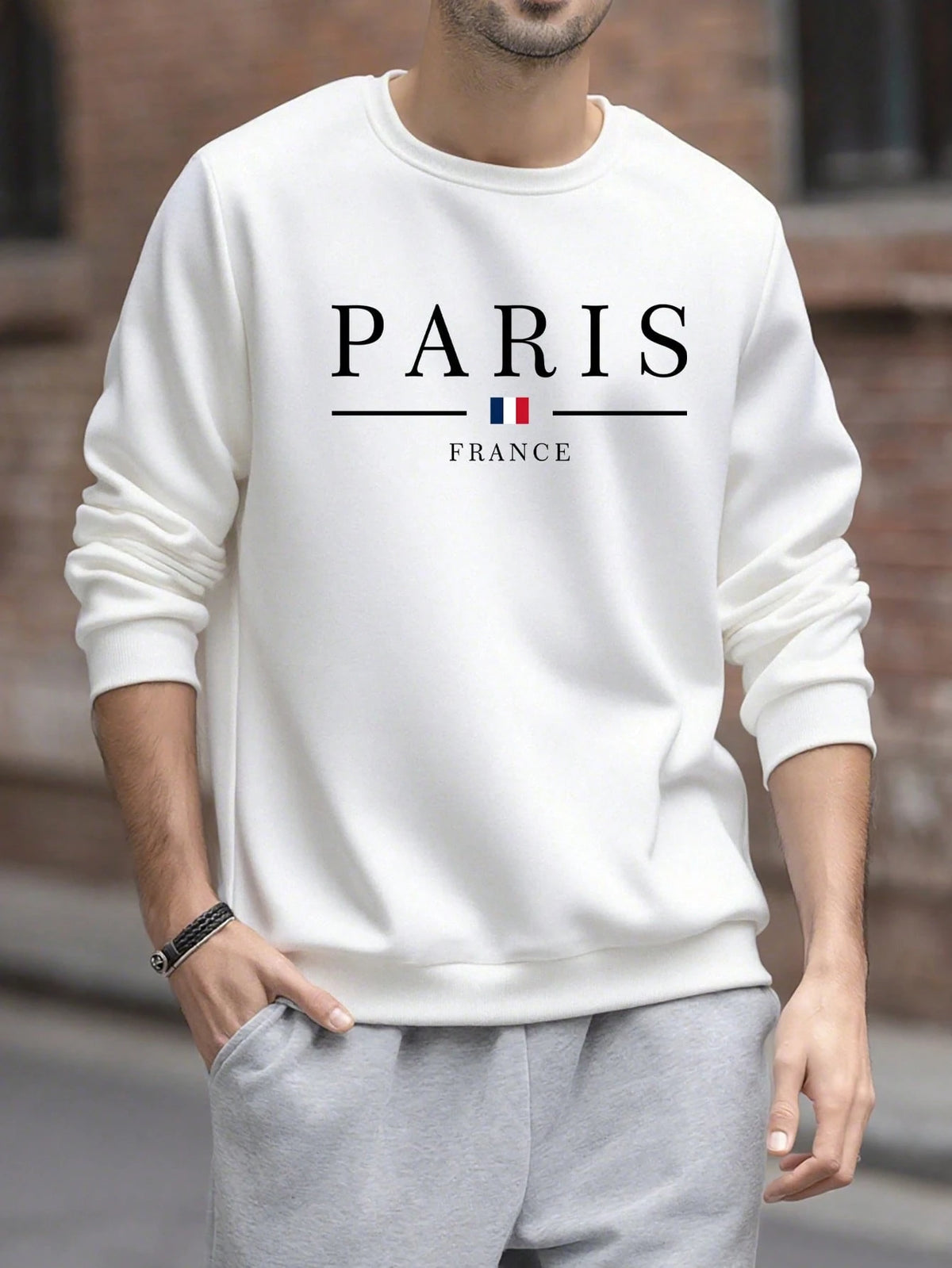 SXV Men's Casual Versatile Printed Crew Neck Sweatshirt Paris Vibe