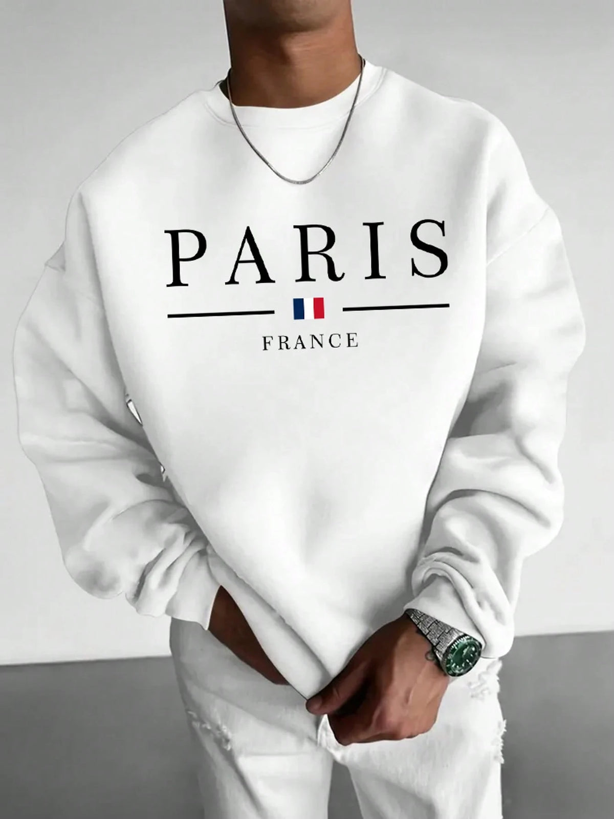 SXV Men's Casual Versatile Printed Crew Neck Sweatshirt Paris Vibe
