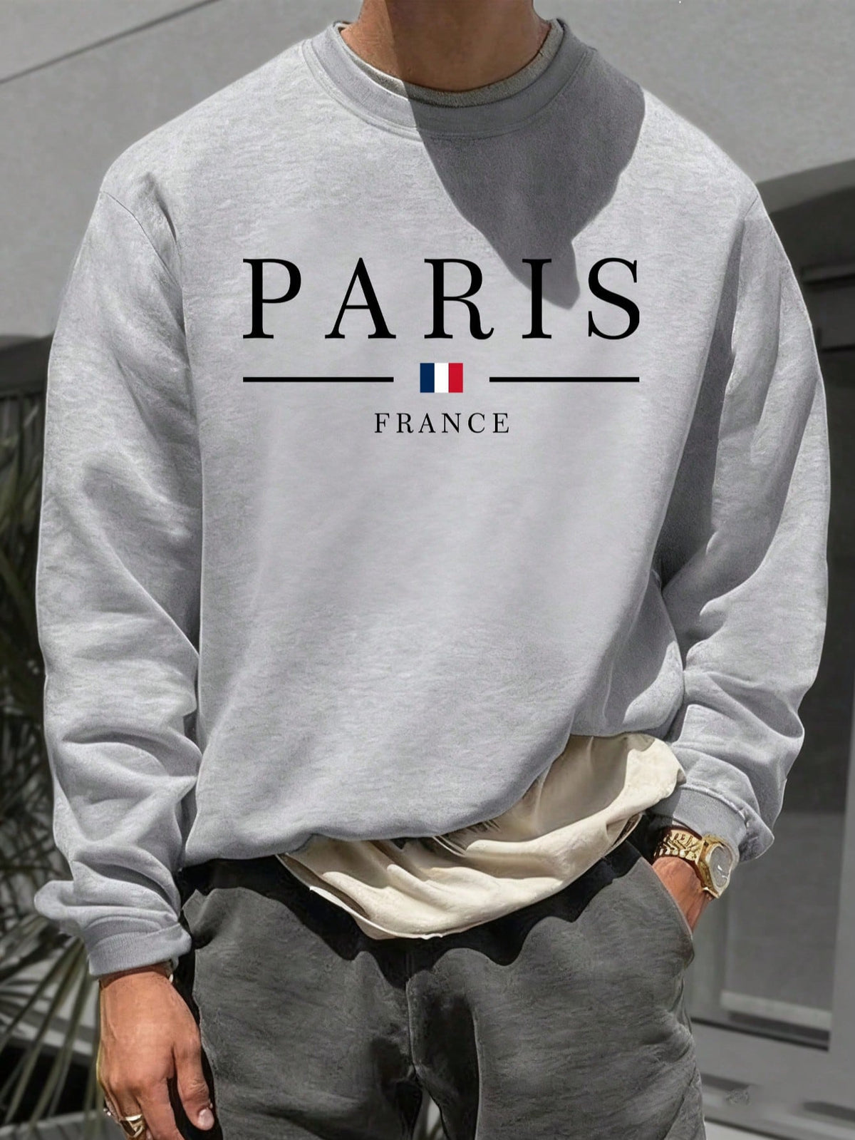 SXV Men's Casual Versatile Printed Crew Neck Sweatshirt Paris Vibe