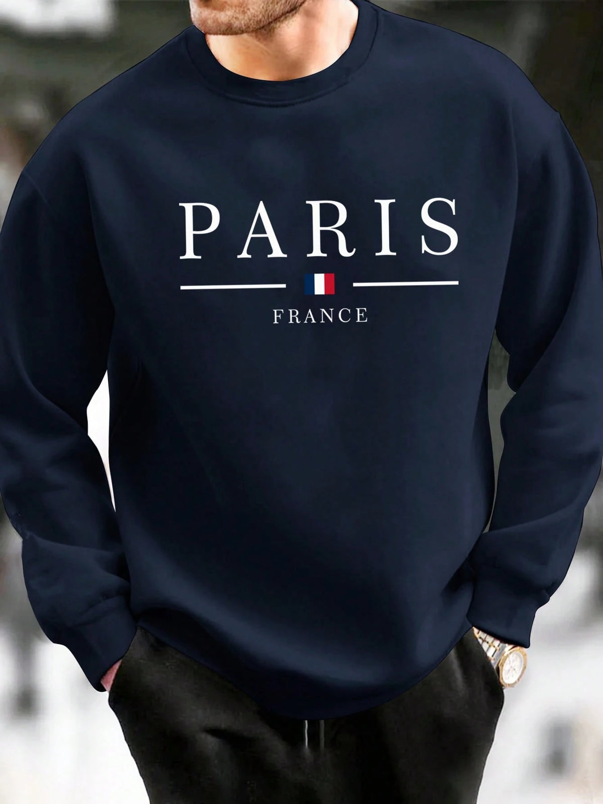 SXV Men's Casual Versatile Printed Crew Neck Sweatshirt Paris Vibe