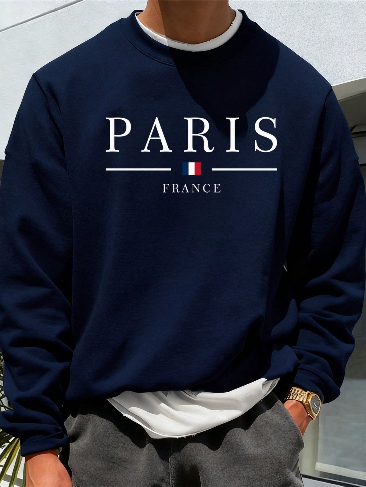 SXV Men's Casual Versatile Printed Crew Neck Sweatshirt Paris Vibe