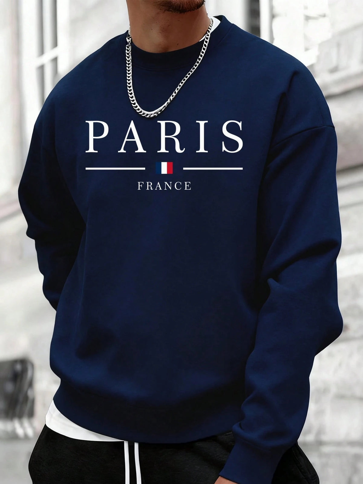 SXV Men's Casual Versatile Printed Crew Neck Sweatshirt Paris Vibe
