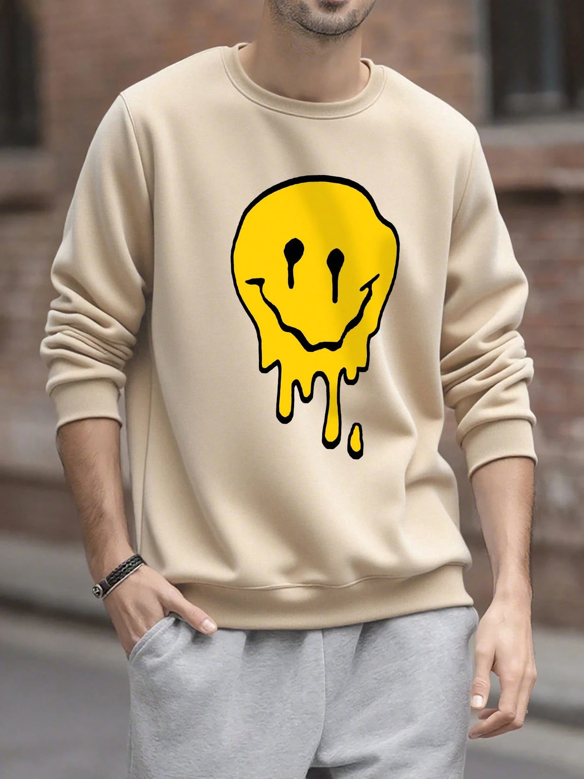 SXV Men's Funny Smiling Face Print Crew Neck Sweatshirt, Street Fashion, Autumn