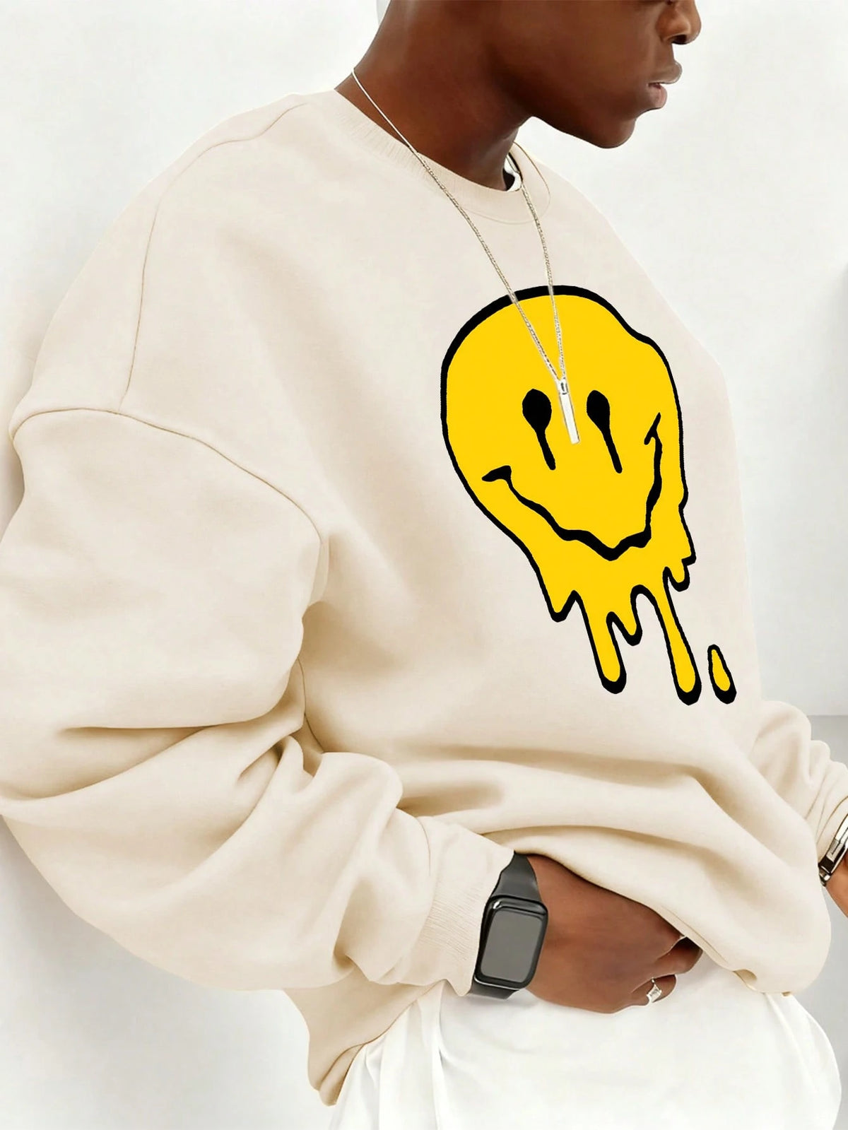 SXV Men's Funny Smiling Face Print Crew Neck Sweatshirt, Street Fashion, Autumn