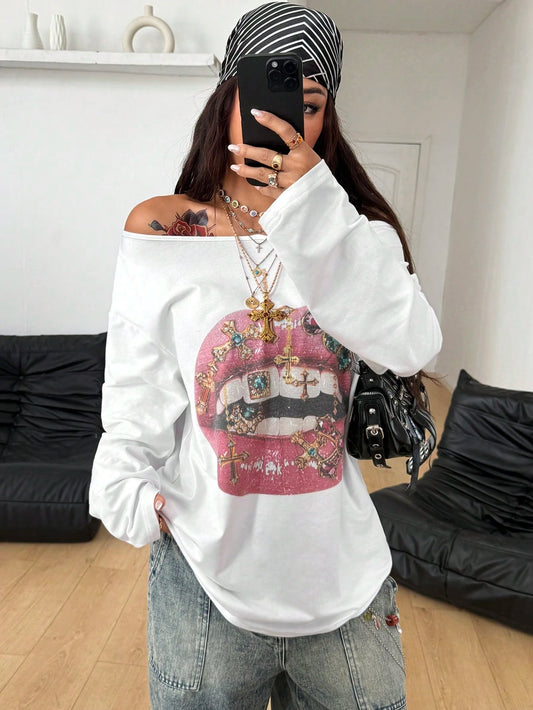 SXV Streetwear Daily Wear Casual Vintage Homecoming Y2K Graphics Comfortable Asymmetrical Neck Off The Shoulder Long Sleeve T-Shirt