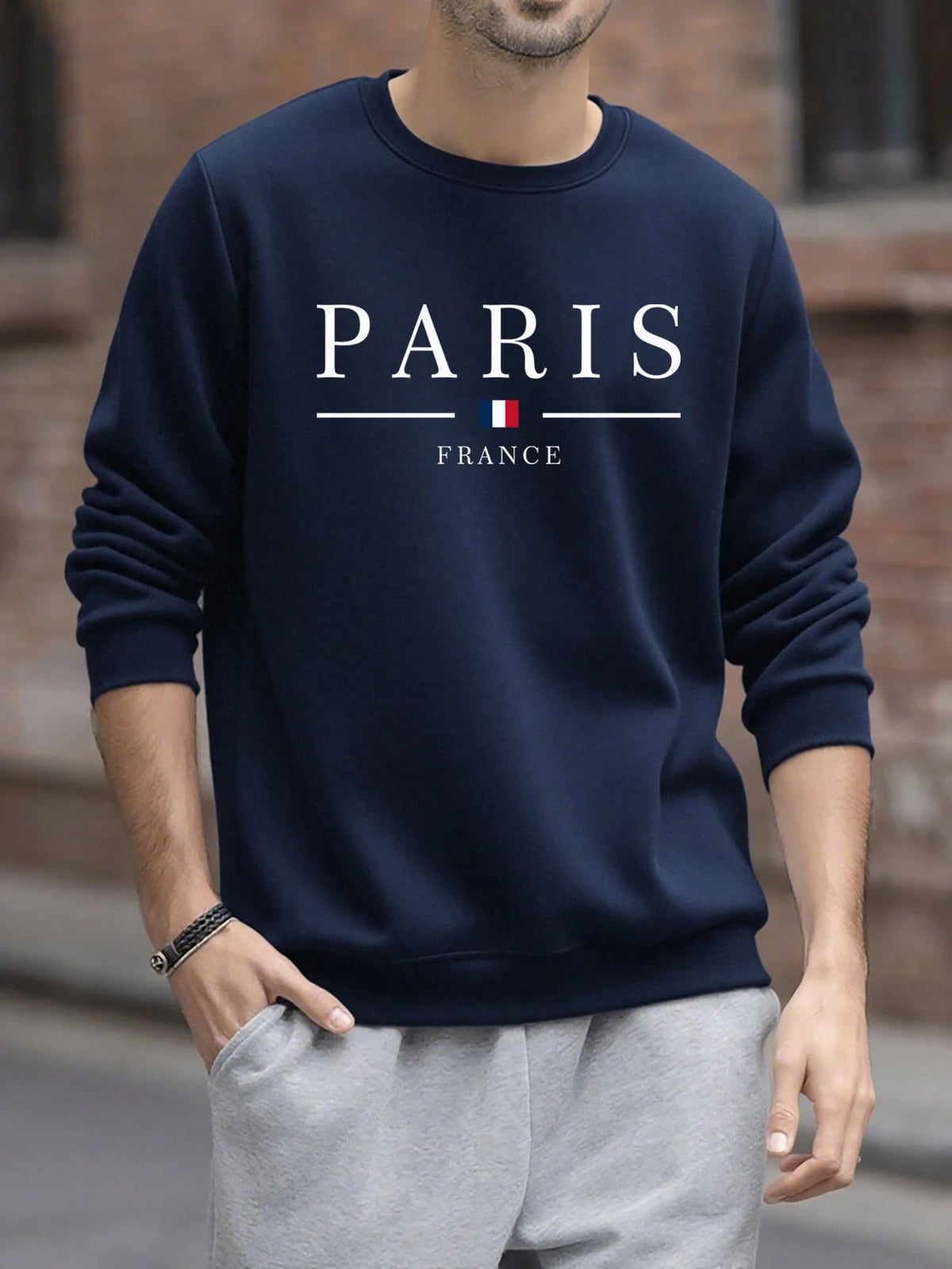 SXV Men's Casual Versatile Printed Crew Neck Sweatshirt Paris Vibe